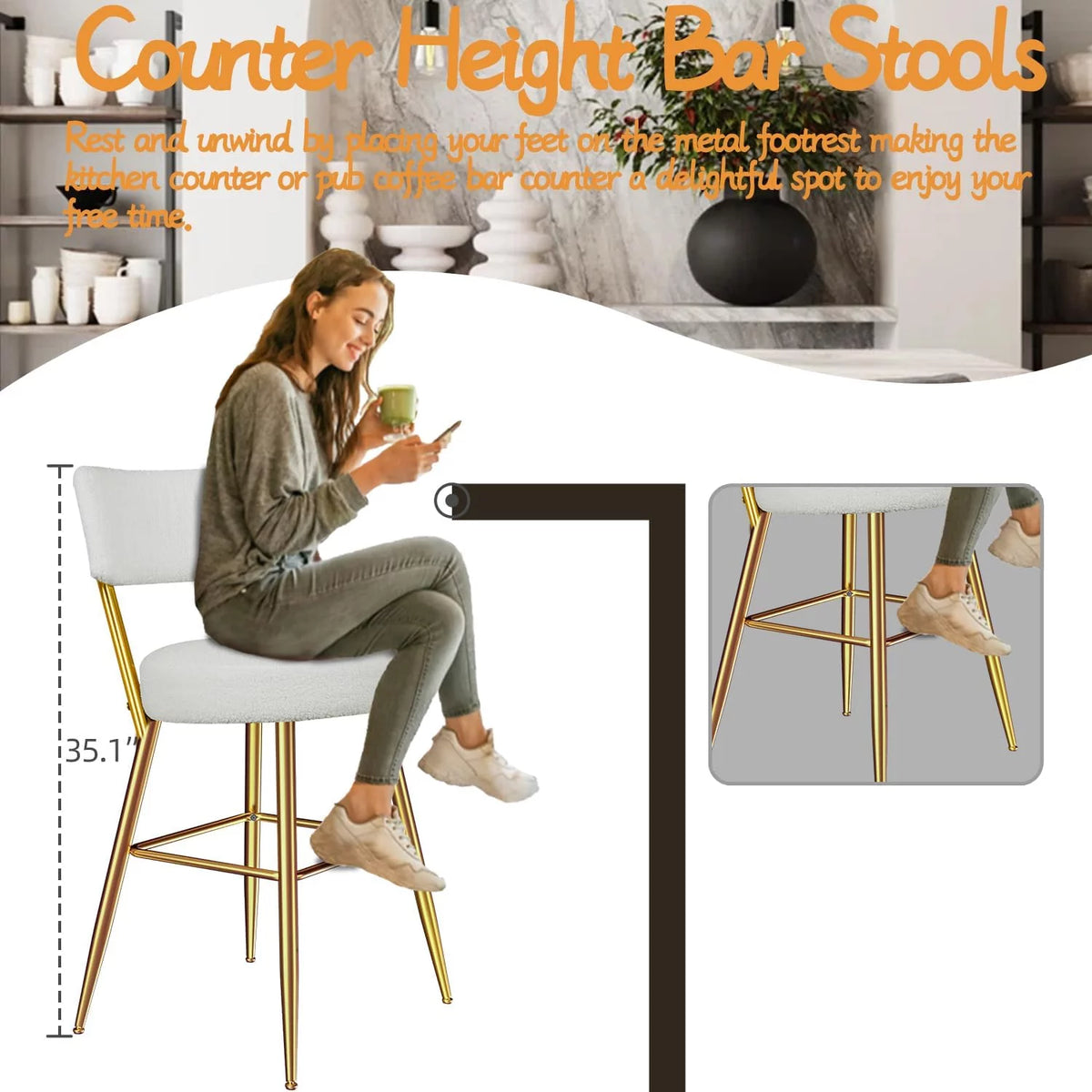 24" White Upholstered Bar Stools Set of 2 with Back S878