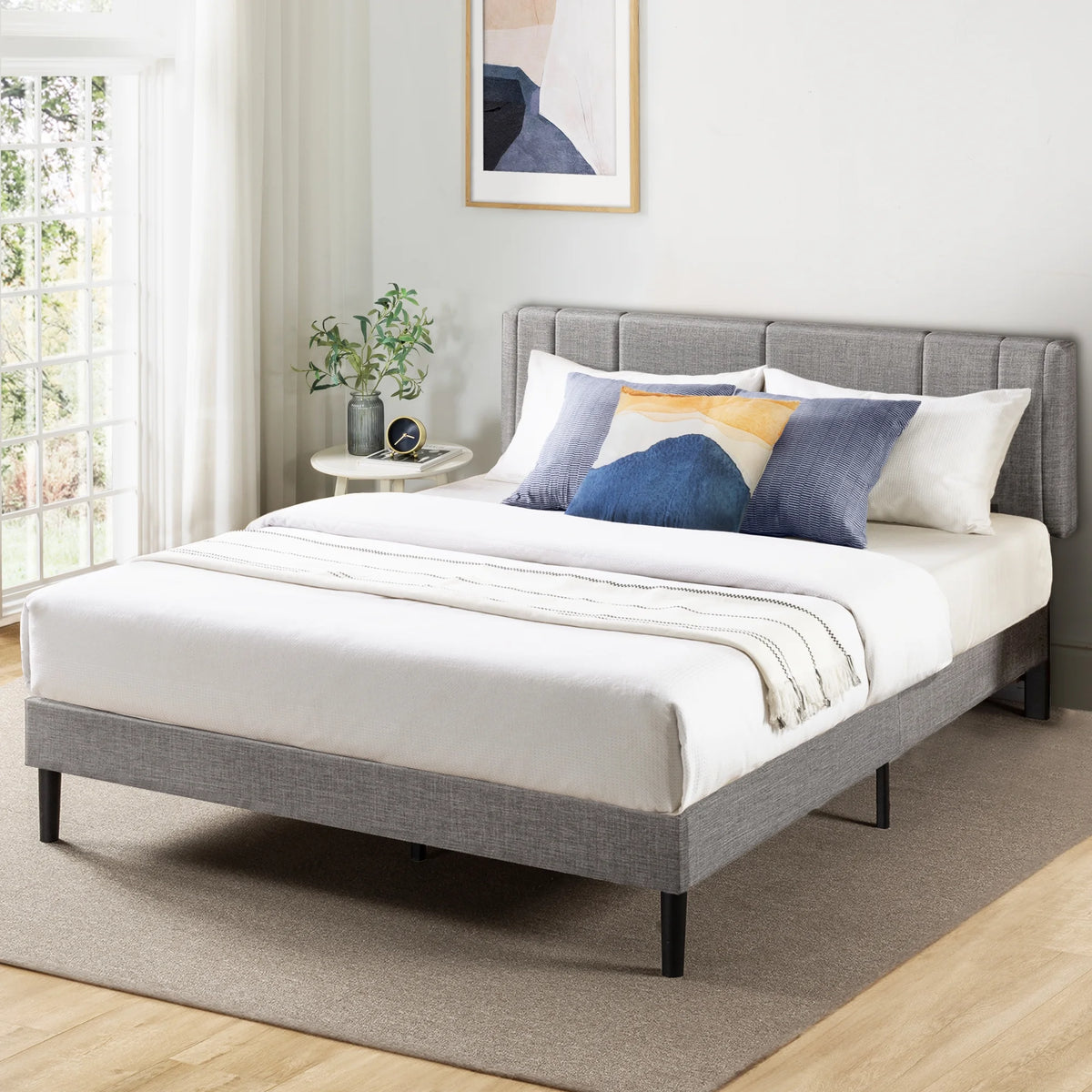 Light Grey King Upholstered Platform Bed Frame with Headboard L2297