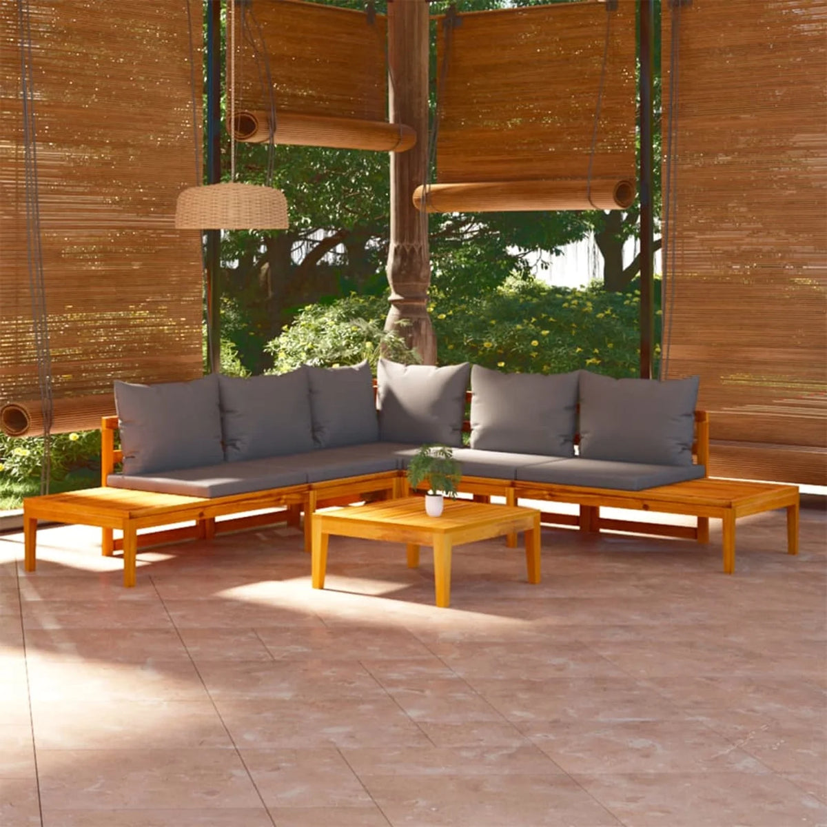 4 Piece Acacia Wood Patio Lounge Set with Cushioned Bench and Table X54714