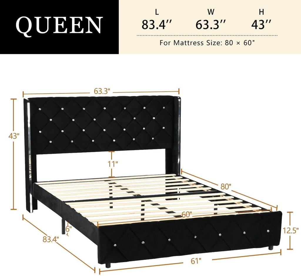 Queen Size Upholstered Platform Bed Frame with Wingback Headboard O327