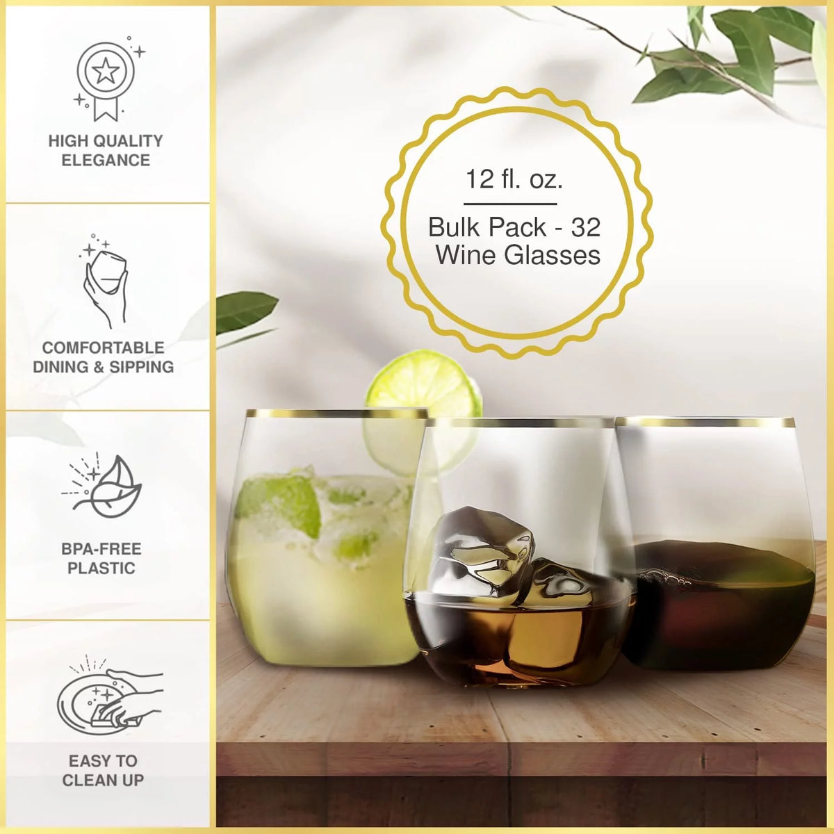 32 Pack Stemless Plastic Wine Glasses 12 oz Gold Rim F62554