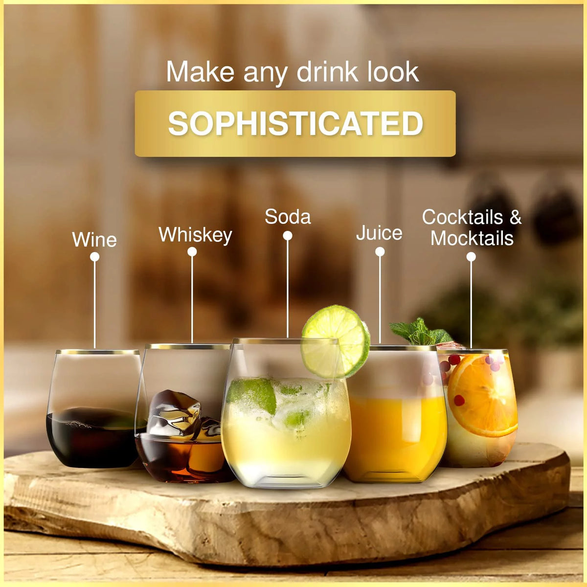 32 Pack Stemless Plastic Wine Glasses 12 oz Gold Rim F62554